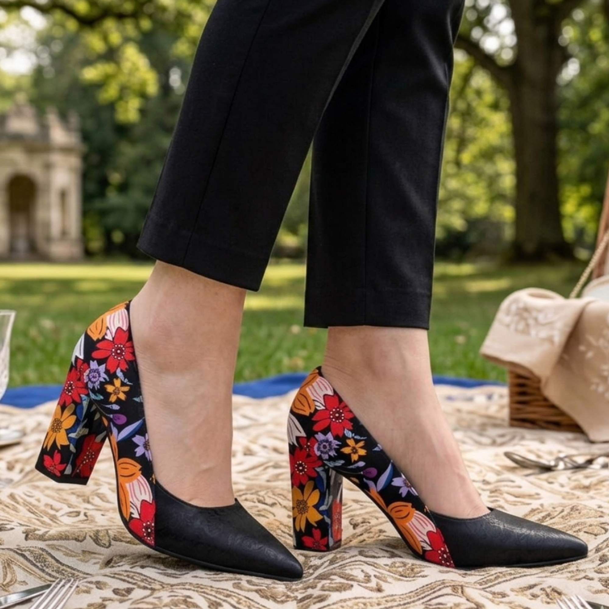 Florence Block Heels, Alternate, color, Floral Black