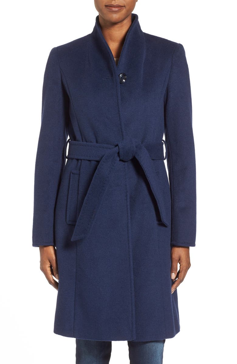 Ellen Tracy Belted Wool Blend Stand Collar Coat, Main, color, 