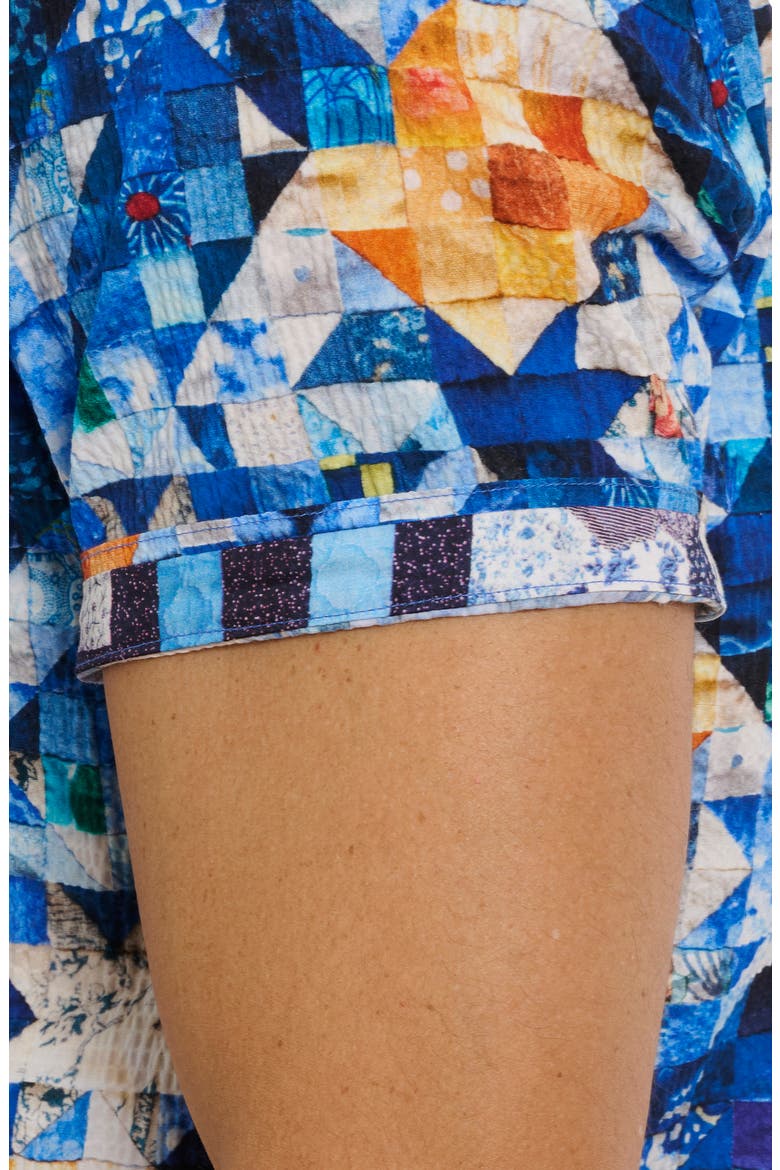 Sashiko Geometric Print Stretch Cotton Camp Shirt, Alternate, color, BLUE MULTI