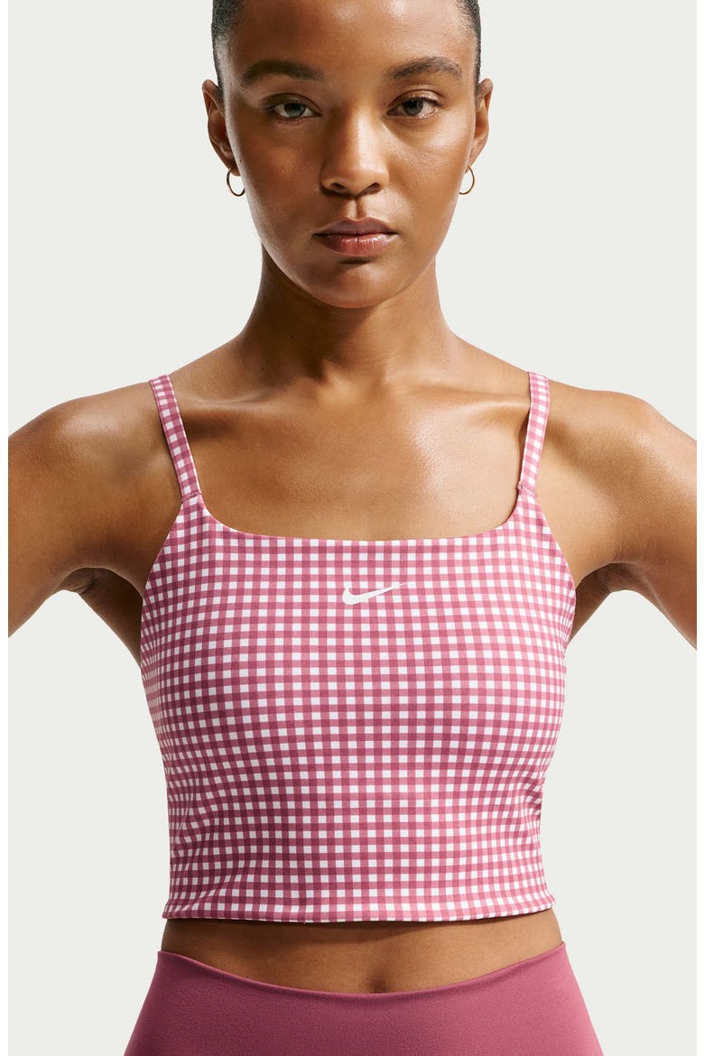 One Dri-FIT Padded Longline Gingham Sports Bra, Alternate, color, PINK SMOKE/ WHITE