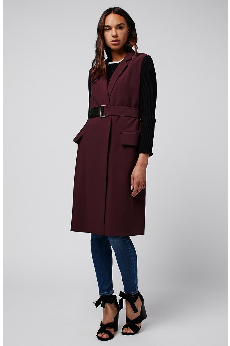 Sleeveless Belted Coat, Alternate, color, BURGUNDY