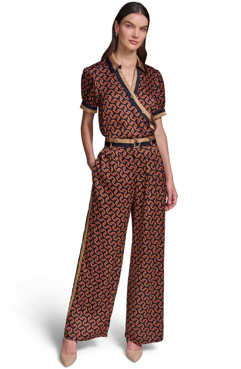 KARL LAGERFELD PARIS Geo Print Side Stripe Belted Pants, Alternate, color, Midnight Navy/ Siena