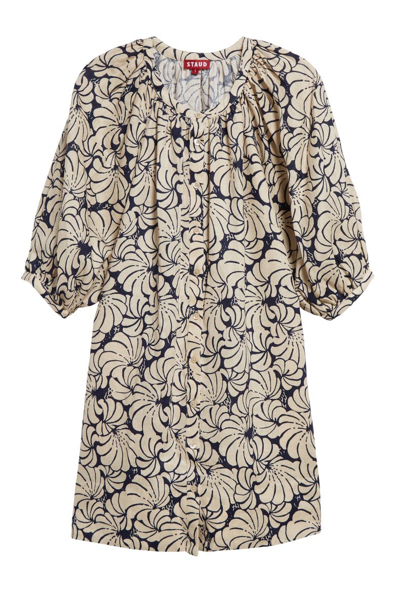 Print Long Sleeve Linen Shift Dress, Alternate, color, NAVY SCALLOP BLOCK PRINT