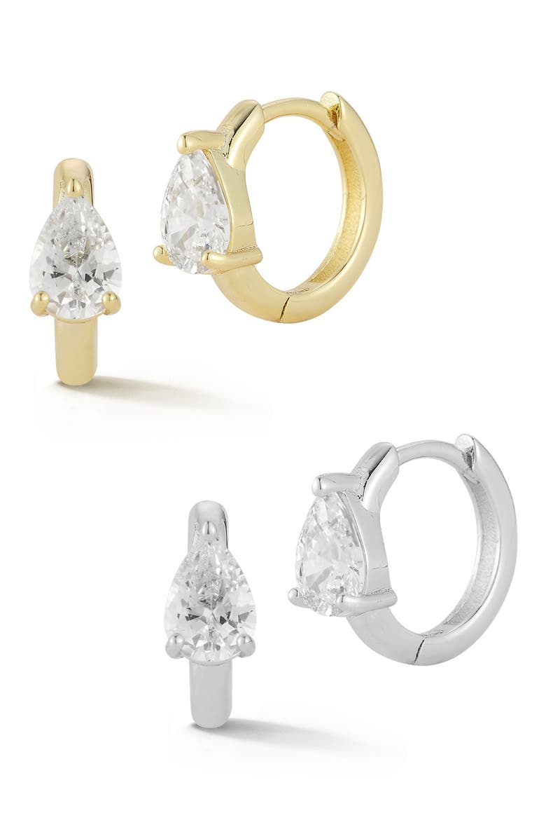 Set of 2 Cubic Zirconia Small Hoop Earrings, Main, color, SILVER/ GOLD