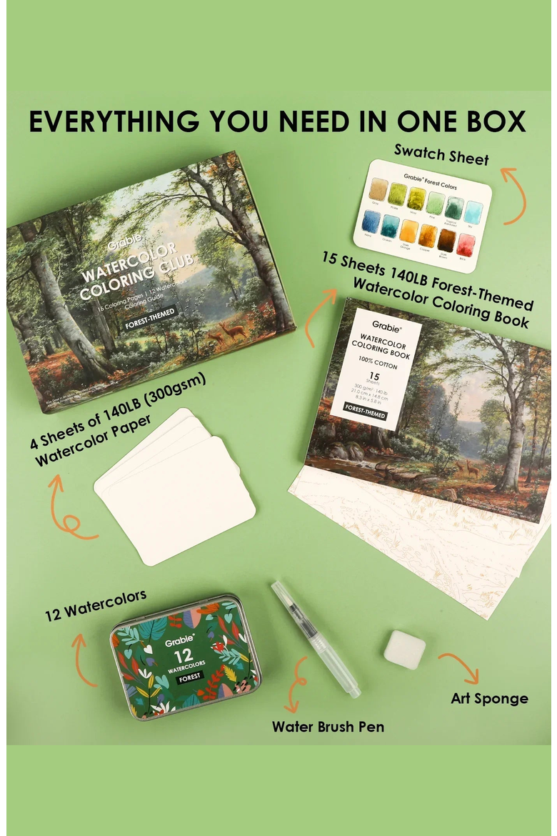 Forest Themed Watercolor Coloring Club Box, Alternate, color, Forest-Themed