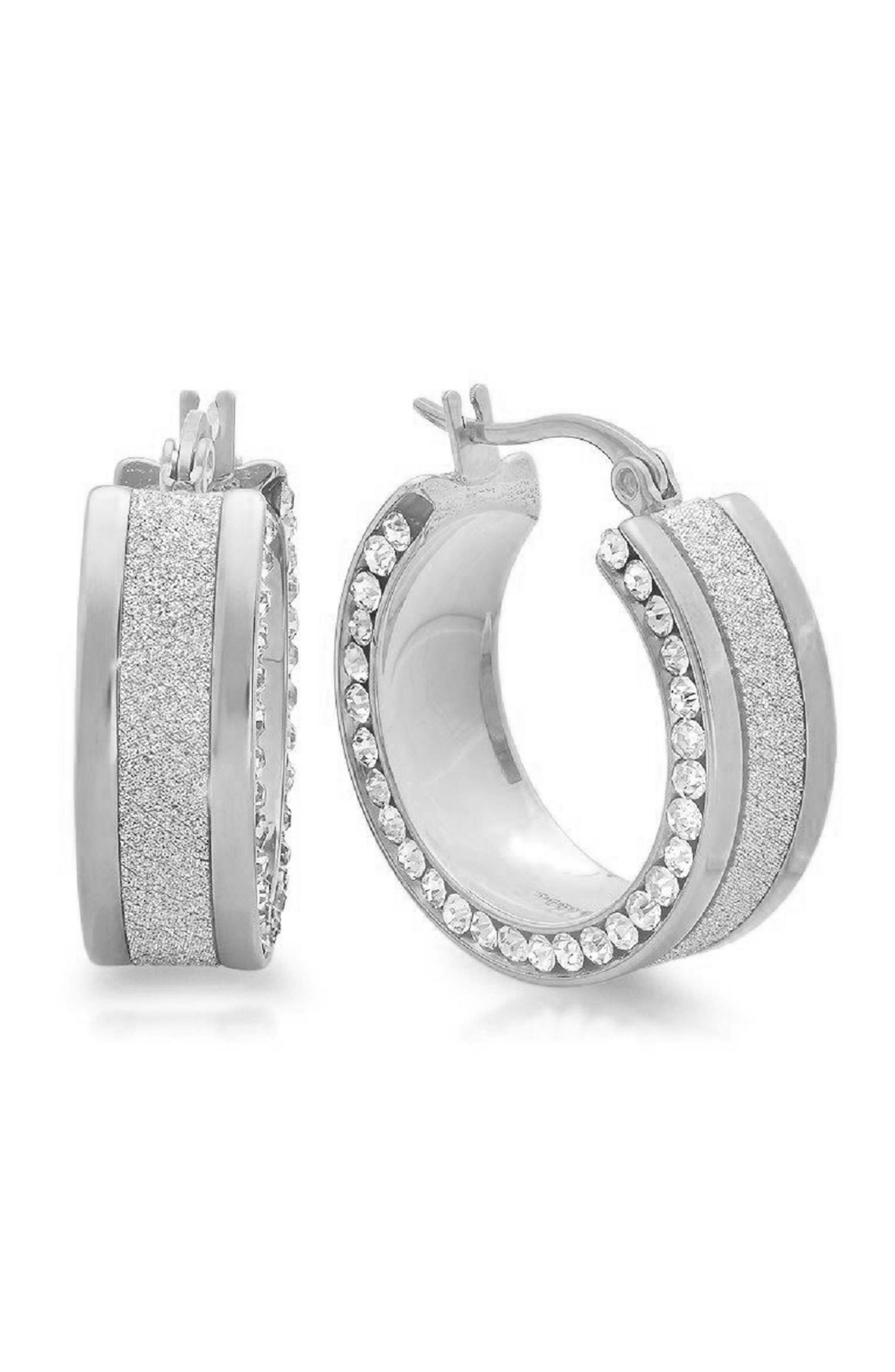 Steeltime Stainless Steel Stone Hoop Earrings In Silver