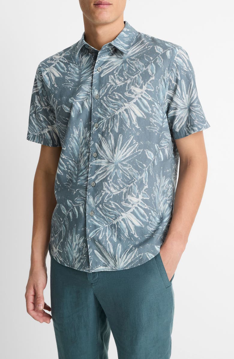 Vince Short Sleeve Cotton & Lyocell Button-Up Shirt, Alternate, color, Marlin Teal/Light Sand