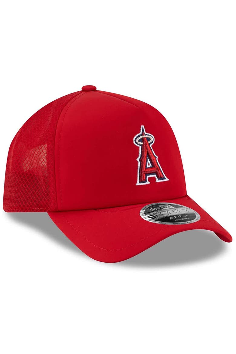 Men's New Era Red Los Angeles Angels 2026 Batting Practice Apex 9FORTY Adjustable Trucker Hat, Alternate, color, Red