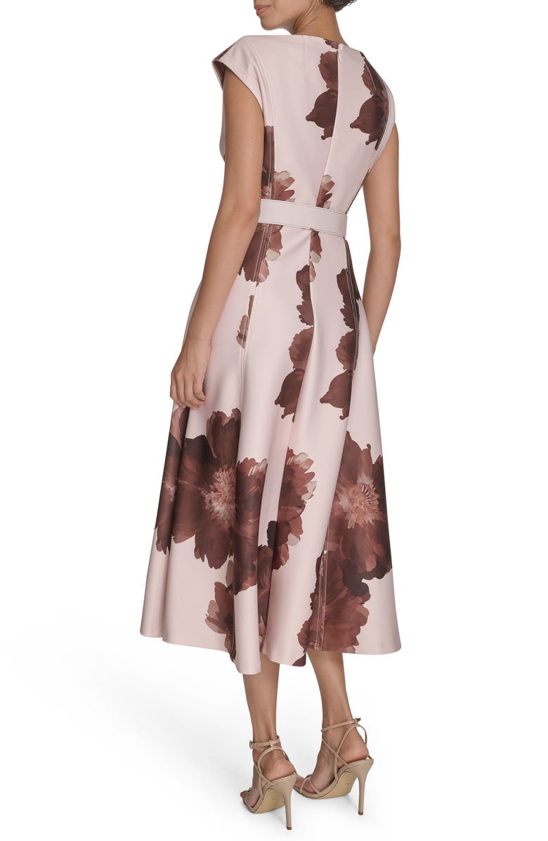 Calvin Klein Floral V-Neck Belted Midi A-Line Dress, Alternate, color, Coffee Bean Multi