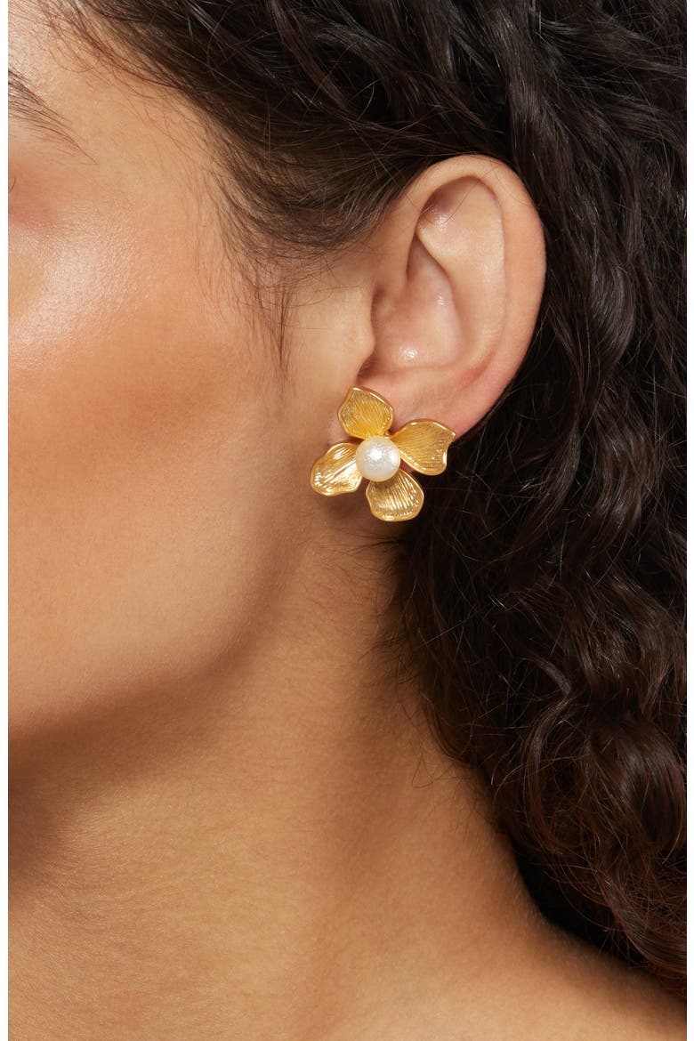Faux Pearl Flower Drop Earrings, Alternate, color, GOLD