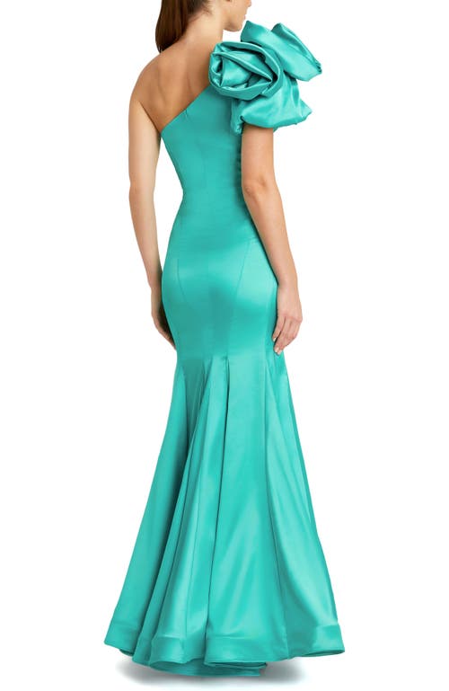 Mac Duggal Off The Shoulder Bustier Satin Mermaid Gown In Teal