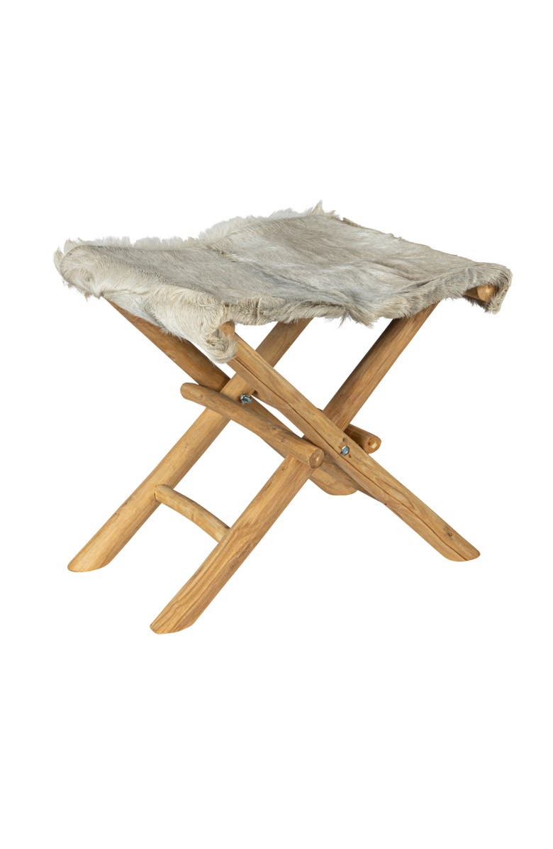 Storied Home Teakwood and Goat Fur Folding Stool, Natural, Main, color, Natural