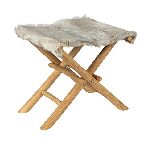 Teakwood and Goat Fur Folding Stool, Natural