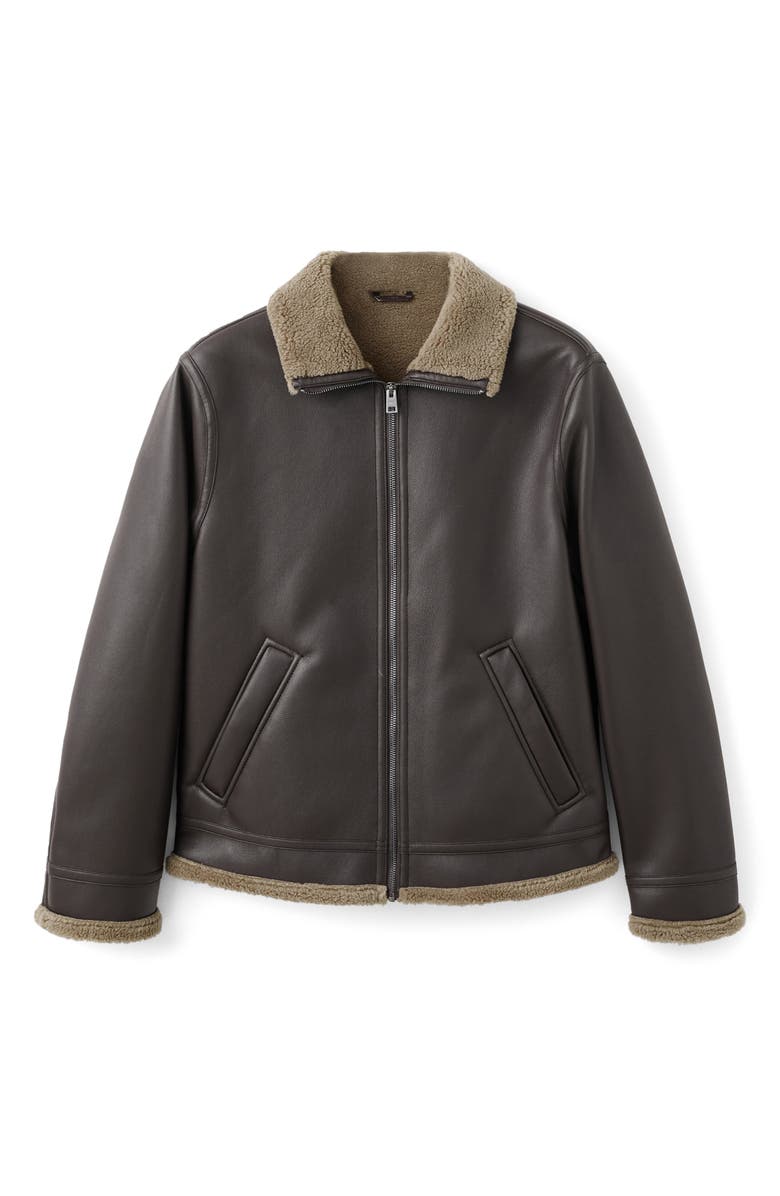 MANGO Fleece Lined Faux Leather Bomber Jacket, Alternate, color, Chocolate