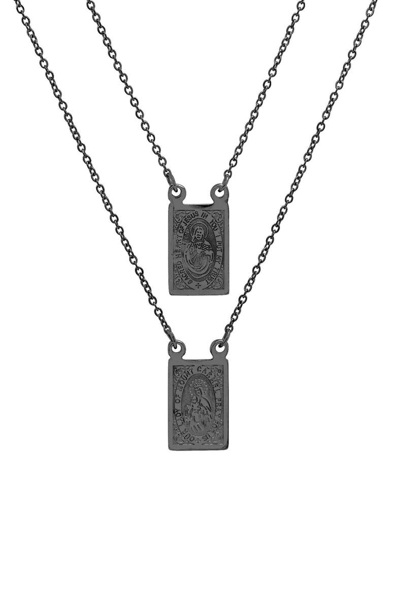 Sacred Heart & Our Lady of Mount Carmel Medallion Necklace, Main, color, BLACK