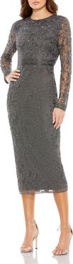 Mac Duggal Beaded Tea Length Sheer Sleeved Dress