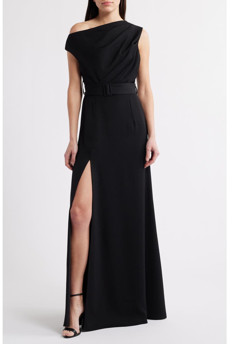 Caprina One-Shoulder A-Line Gown, Main, color, BLACK