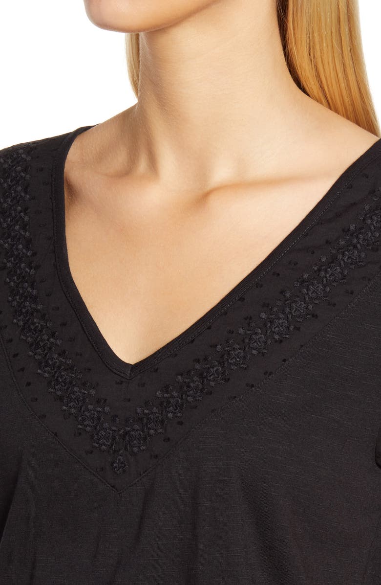 Caslon<sup>®</sup> Embroidered Neck Short Sleeve Cotton Blend Top, Alternate, color, 