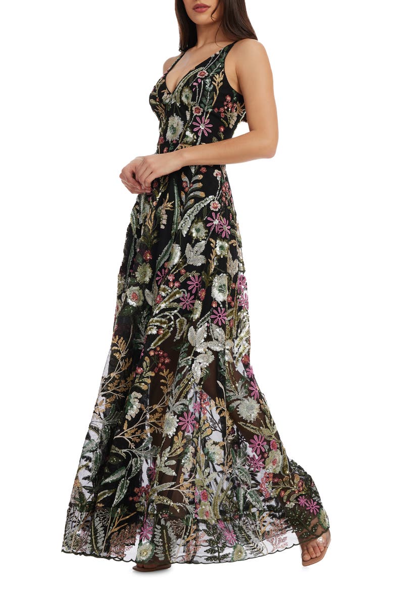 Ariyah Floral Sequin A-Line Gown, Alternate, color, BLACK MULTI