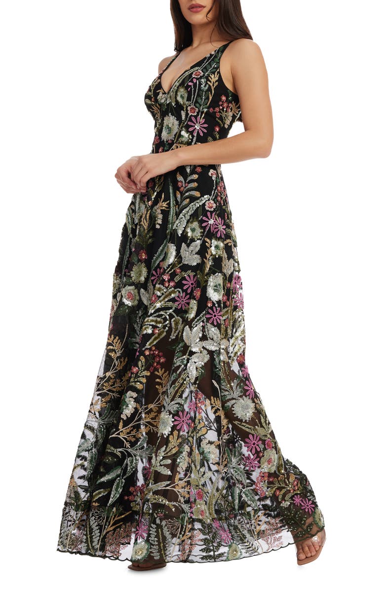 Dress the Population Ariyah Floral Sequin A-Line Gown, Alternate, color, Black Multi