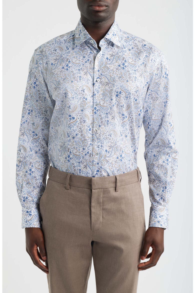 Modern Fit Floral Paisley Non-Iron Cotton & Linen Dress Shirt, Main, color, BLUE