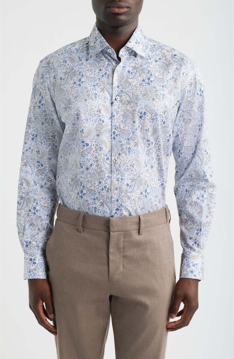 1863 by Eterna Modern Fit Floral Paisley Non-Iron Cotton & Linen Dress Shirt, Main, color, Blue