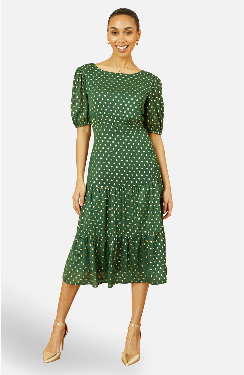 Yumi Foil Spot Midi Dress With Scoop Back, Main, color, Green