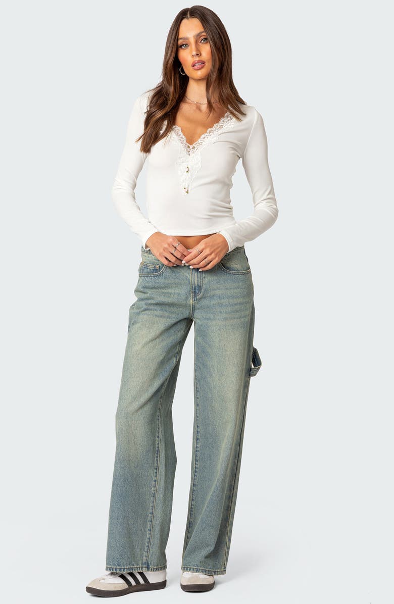 EDIKTED Madeline Lace Trim Rib Long Sleeve Top, Alternate, color, White