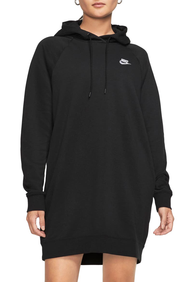 Essential Fleece Hooded Sweatshirt Dress, Alternate, color, BLACK/ WHITE