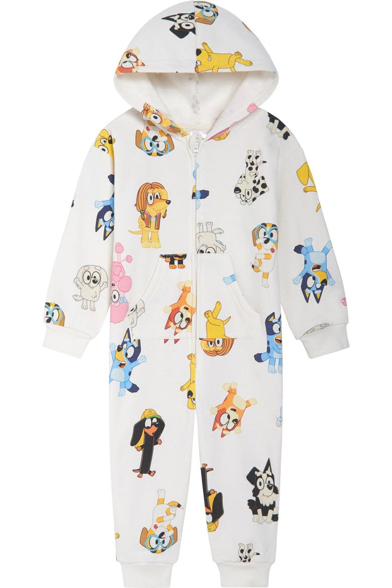 Loungewear Fleece Hooded One Piece, Main, color, Bluey Friends Cream