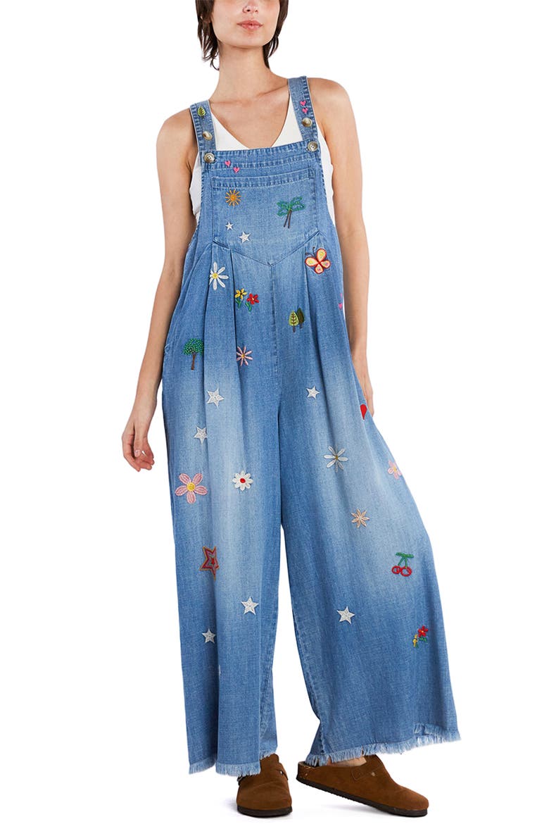 Oooh La La Embroidered Wide Leg Denim Overalls, Alternate, color, VINATGE DENIM