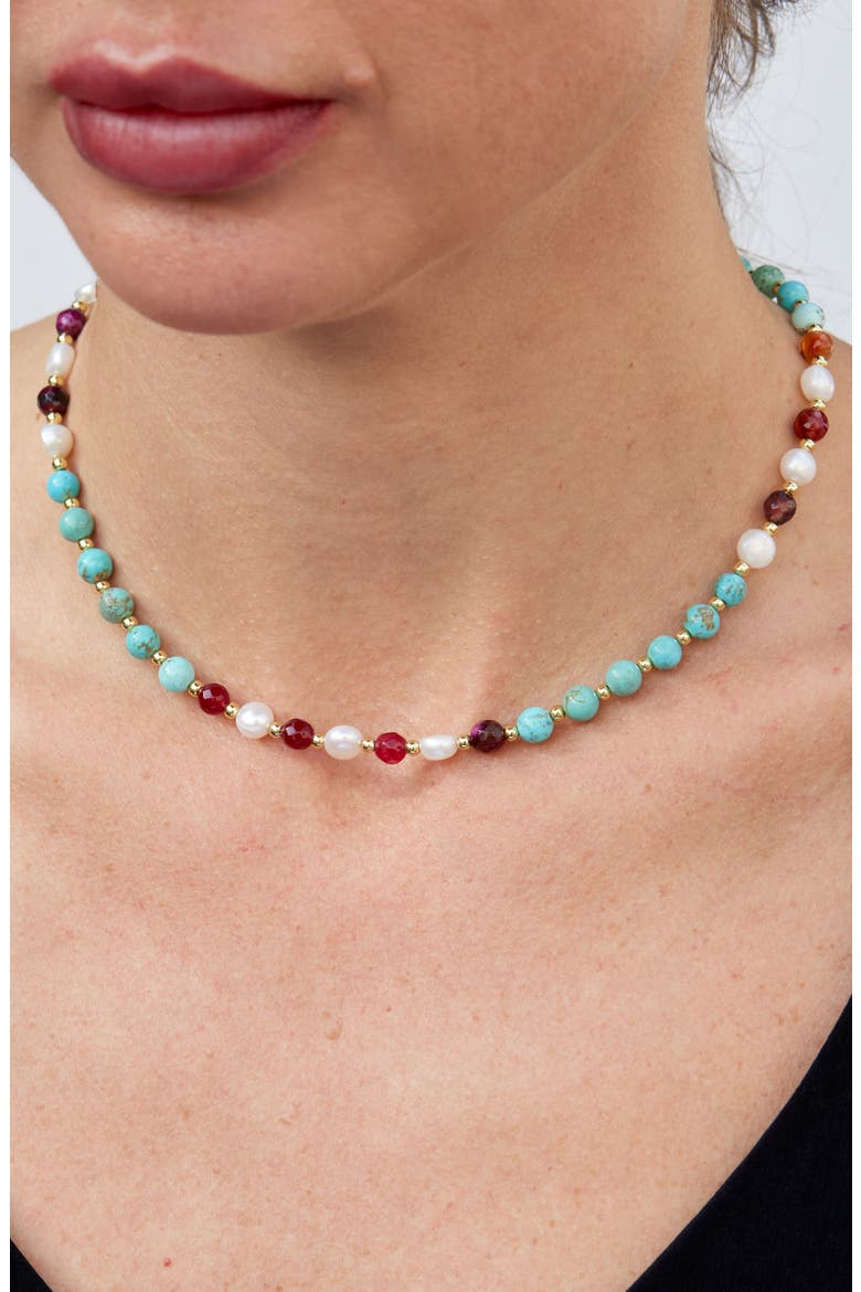 Turquoise and Imitation Pearl Bead Necklace, Alternate, color, YELLOW GOLD