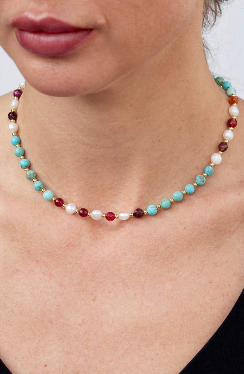 SAVVY CIE JEWELS Turquoise and Imitation Pearl Bead Necklace, Alternate, color, Yellow Gold