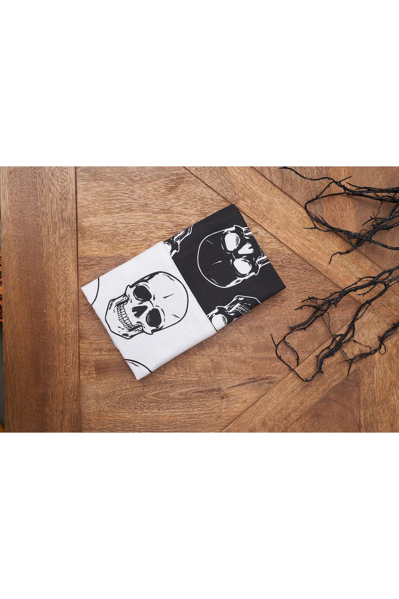Skully Skeleton Skulls Pattern Motifs Black & White Cotton Halloween Napkins Set of 6, Alternate, color, Black