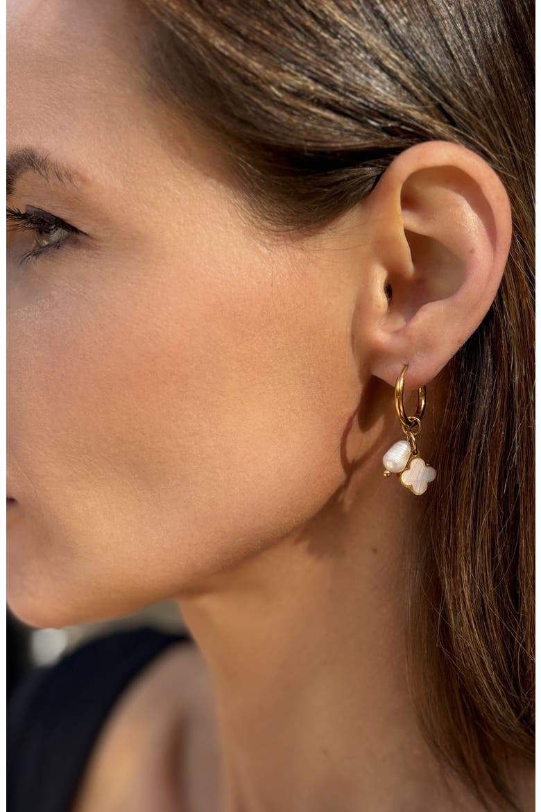 Freshwater Pearl & Clover Hoop Earrings, Alternate, color, WHITE