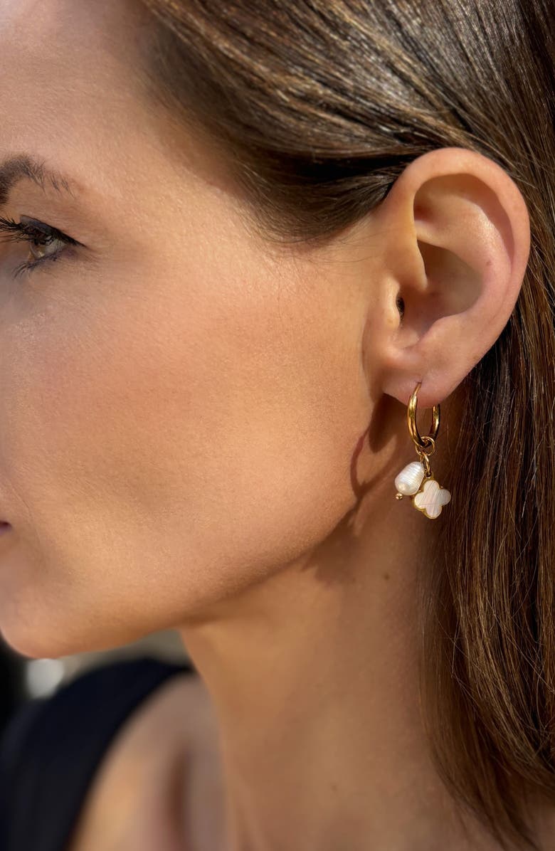 Adornia Freshwater Pearl & Clover Hoop Earrings, Alternate, color, White