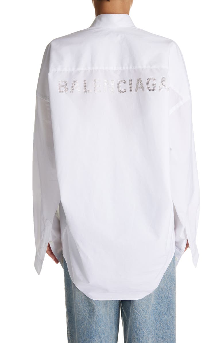 Balenciaga Oversize Crystal Logo Cotton Button-Up Cocoon Shirt, Alternate, color, White