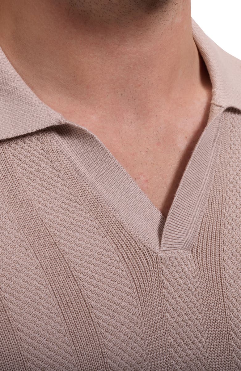 Bugatchi Johnny Collar Basket Stitch Cotton Blend Short Sleeve Sweater, Alternate, color, Sand