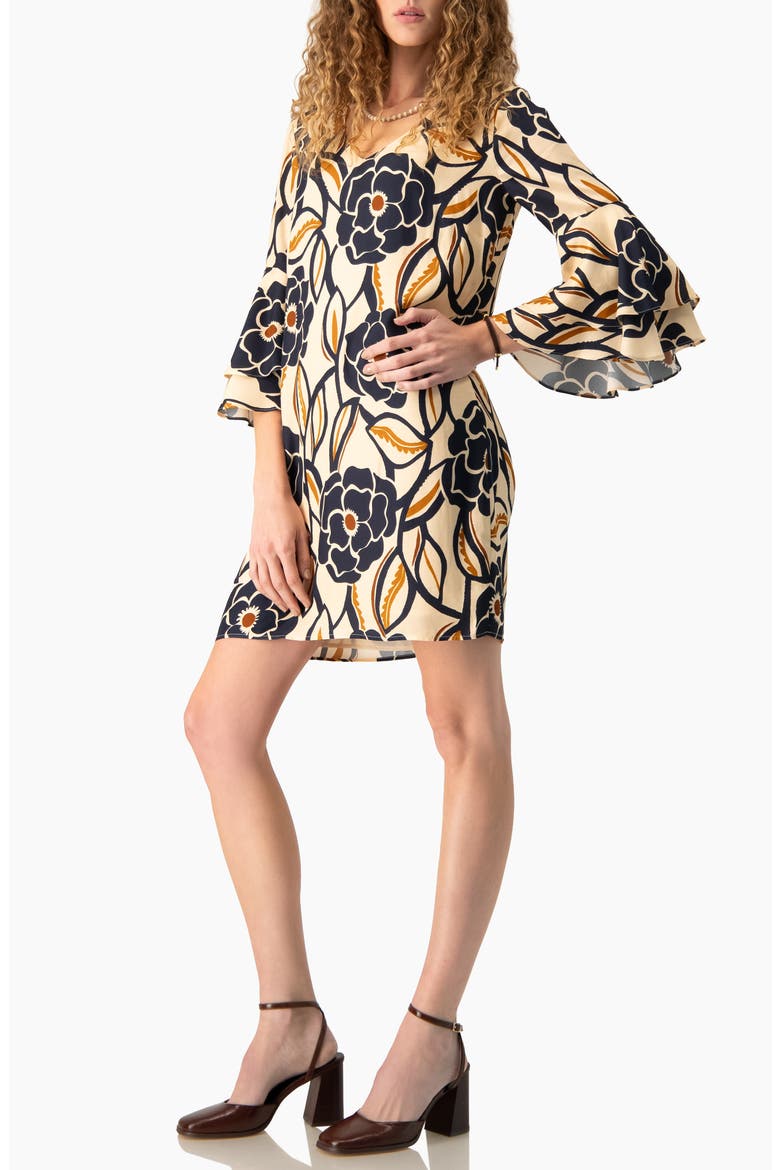 Floral V-Neck Dress with Tullip Sleeves, Alternate, color, Light Brown