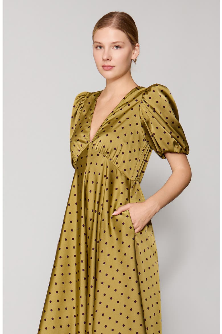 Polka Dot Satin Maxi Dress, Alternate, color, OLIVE/ BROWN