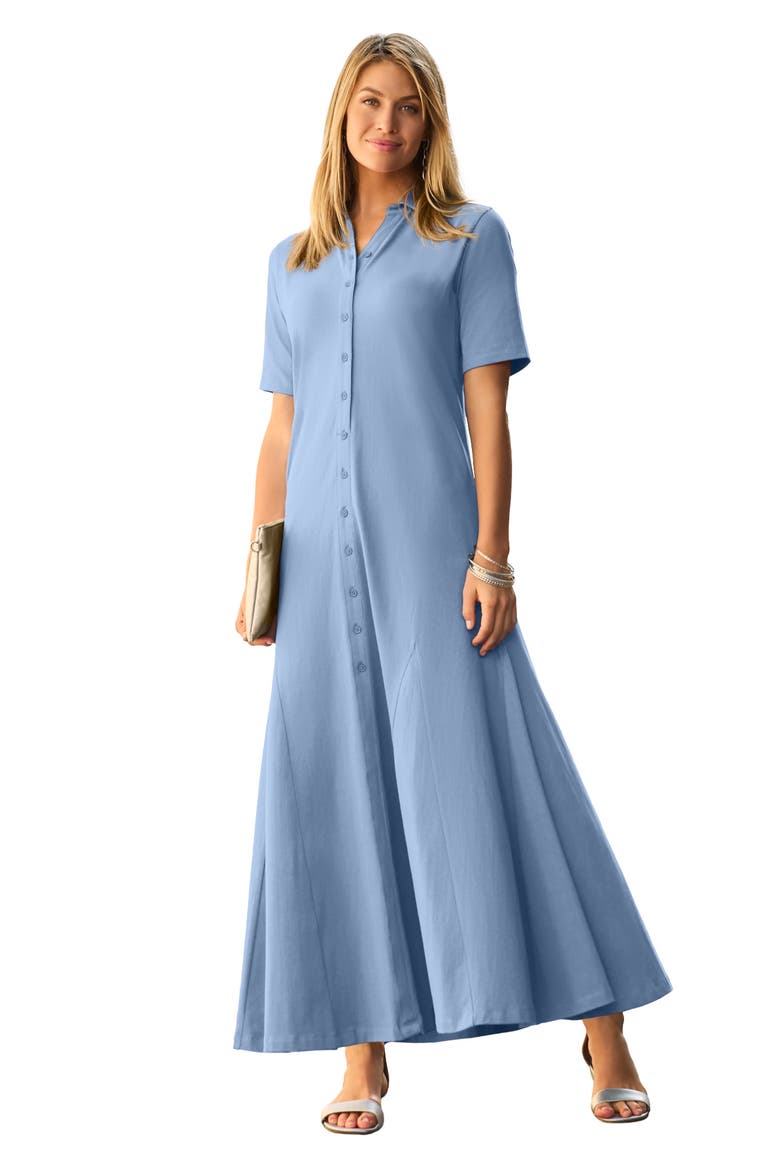 Stretch Cotton Button Front Maxi Dress, Main, color, AZURE MIST