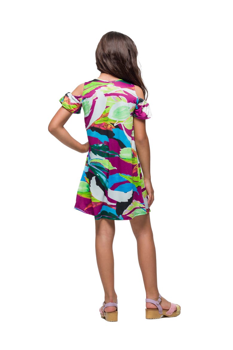 Multicolor Print Cold Shoulder A-Line Dress, Alternate, color, Purple Multi