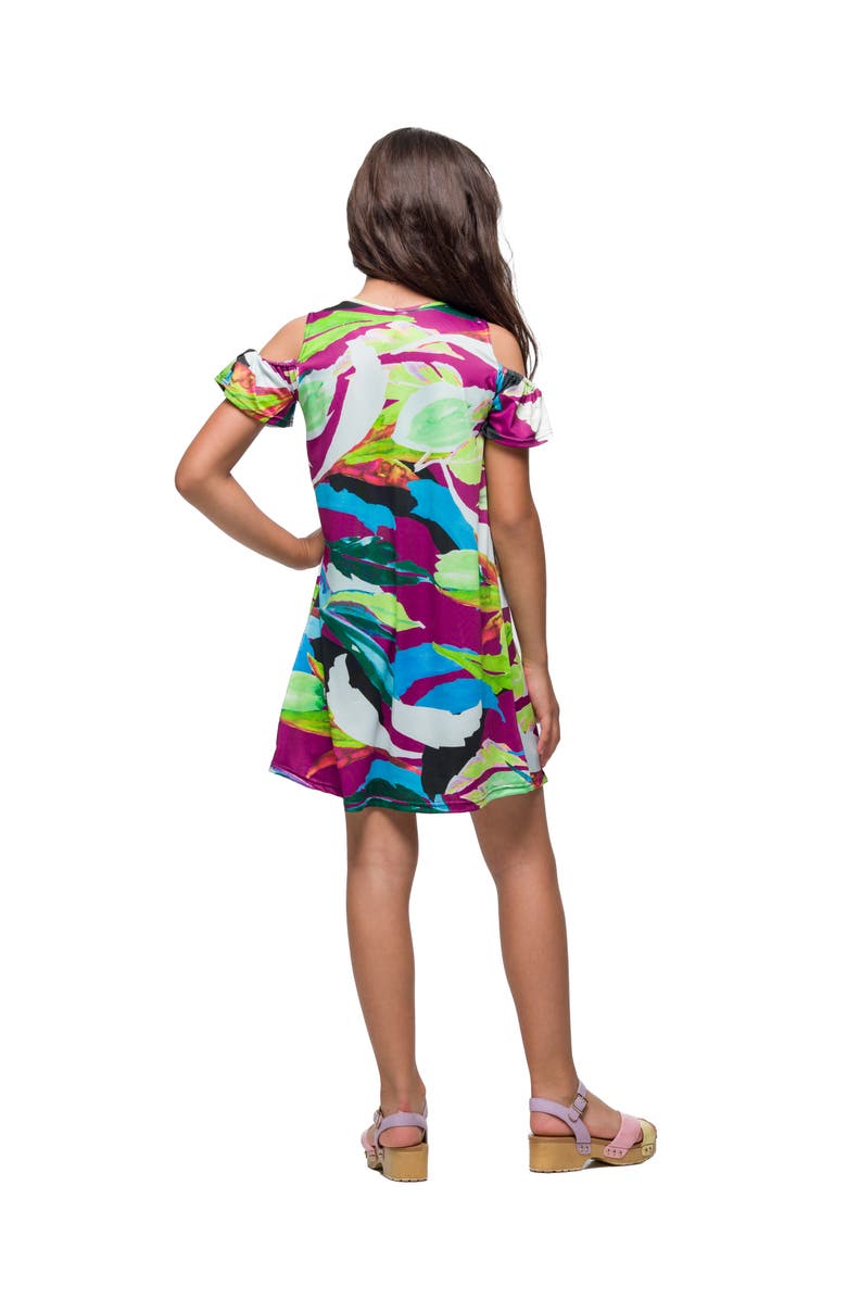 24sevenKid Multicolor Print Cold Shoulder A-Line Dress, Alternate, color, Purple Multi