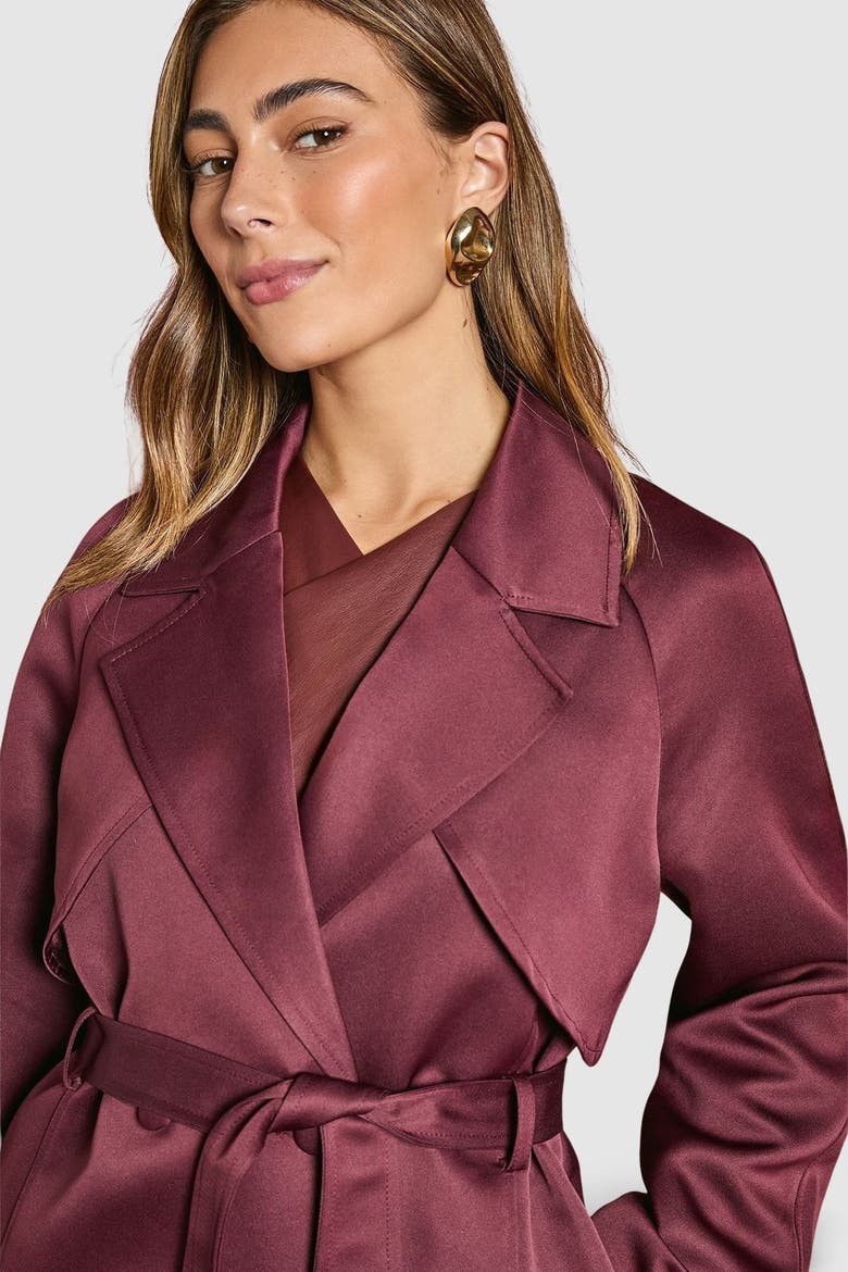 Satin Occasion Belted Trench Coat, Alternate, color, Malbec