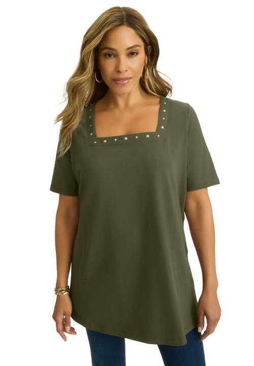 Jessica London Stretch Cotton Studded Square Neck Tunic In Green