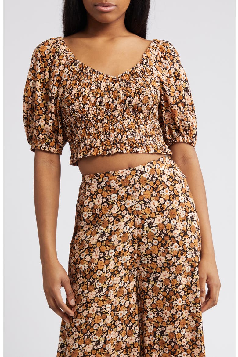 Sea of Dreams Floral Smocked Crop Top, Main, color, BROWN