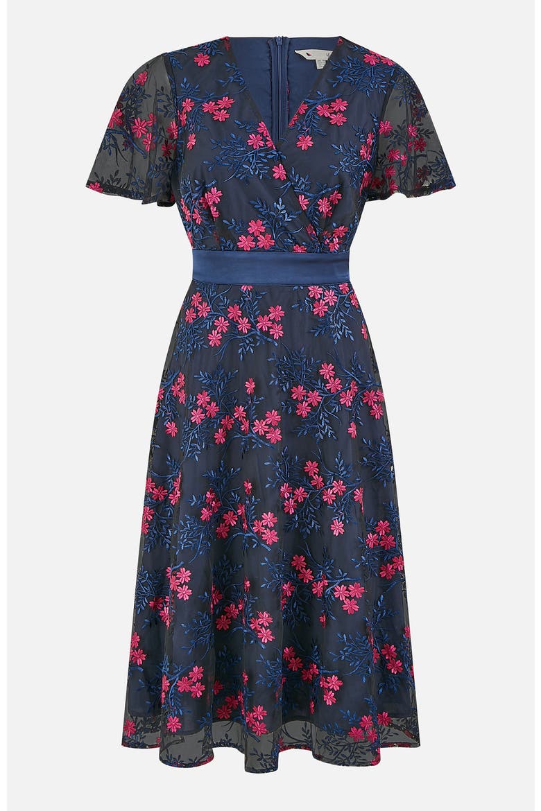 Floral Mesh Wrap Midi Skater Dress, Alternate, color, Navy