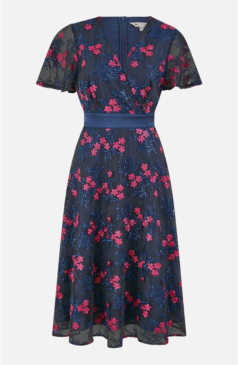 Yumi Floral Mesh Wrap Midi Skater Dress, Alternate, color, Navy