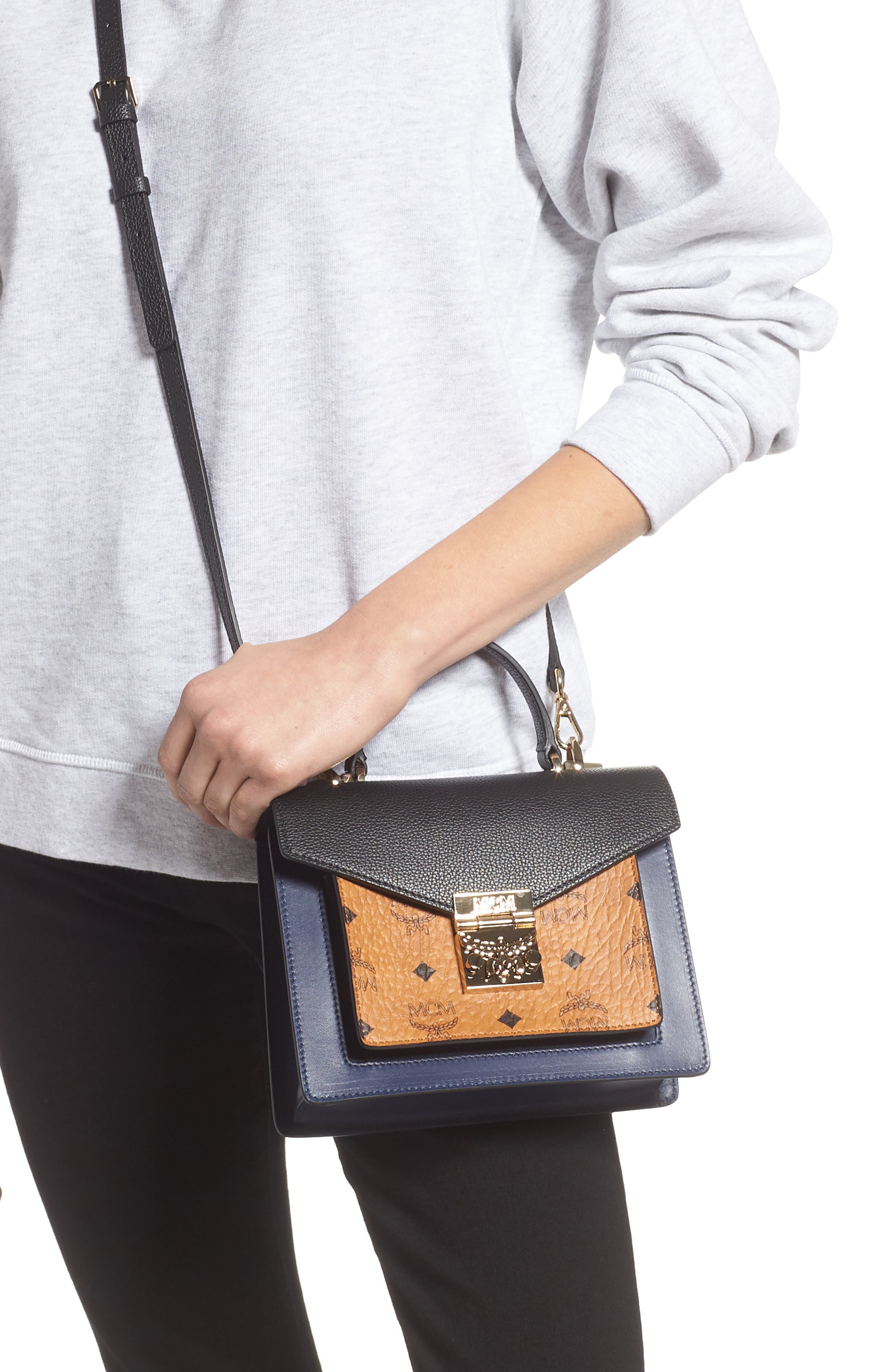Patricia Visetos Coated Canvas & Leather Block Satchel, Alternate, color, COGNAC/ NAVY BLUE