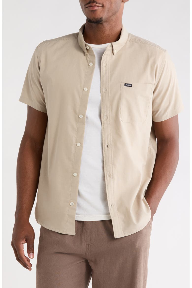 That'll Do Slim Fit Solid Short Sleeve Button-Down Shirt, Main, color, VINTAGE KHAKI